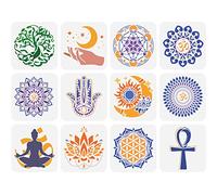 FINGERINSPIRE 12 stencil mandala, geometria sacra, 15x15 cm, plastica, yoga, loto, fiori della vita, hamsa, mano, sole, luna, riutilizzabili, casa, parete, pavimento