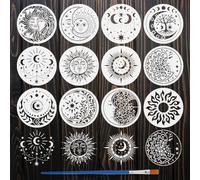 FINGERINSPIRE 12Pz Stencil Sole e Luna con Pennello 200x200mm Stencil Rotondo Riutilizzabile 12 Stili con Albero della Vita Decorazione Vegetale Modello In Plastica per Pittura, Artigianato, Mobili