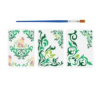 FINGERINSPIRE 3 Pezzi Stencil Angolare con Bordo Damascato con Pennello Da 29.7x21cm Moo per Pittura su Carta Da Parati Damascata Stencil con Motivo Floreale Damascato per Pittura su Legno Pareti