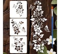 FINGERINSPIRE 3Styles Stencil a Forma di Farfalla con Fiore Rampicante con Pennello, 30x30cm Stencil per Pittura con Motivi a Farfalla Stencils per Temi di Piante in PET Stencils per Mobili in Legno