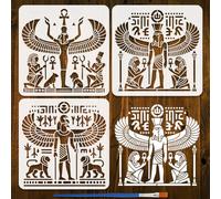 FINGERINSPIRE 3Styles Stencil per Murales Egiziani con Pennello 30x30cm Riutilizzabili con Motivi di Divinità Stencil per Decorazioni In PET con Faraoni Modelli con Temi Egiziani per Pareti In Legno