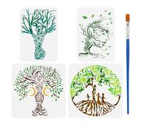 FINGERINSPIRE 4 Pezzi Stencil per Disegno 'Albero a Vita con Pennello 2 misure Moo per Pittura 'Albero a Dea Forma Umana Albero Luna Stella Spirale Stencil per Decorazione Fai Da Te per Pittura