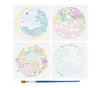 FINGERINSPIRE 4 pezzi Stencil per Pittura con Simboli Tradizionali Orientali con 1 pennelli In Plastica Da 15x15cm Motivo Tradizionale per Ricamo per Pittura su Mobili Da Parete In Legno