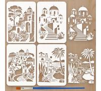 FINGERINSPIRE 4 Pezzo Stencil di Architettura di Santorini con Pennello, 21x29.7cm 4 Stili Stencil per Pittura di Città e Città di Santorini Modello a Tema Architettonico per Dipingere su Mobili