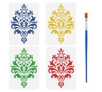 FINGERINSPIRE 4 Pz Stencil Damascato con Pennello, 21x29.7cm con Bordo Strutturato Stencil Riutilizzabili per Pittura Modelli di Disegno in Plastica Damascata per Artigianali Fai da Te per La Casa