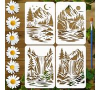 FINGERINSPIRE 4 Pz Stencil di Montagne e Cascate con 1 Pennelli, 21x29.7cm Stencil di Paesaggi Montani Cascate Paesaggi Naturali Modello per Dipingere su Legno, Pareti, Tessuti e Mobili