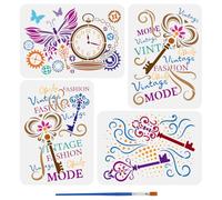 FINGERINSPIRE 4 Pz Stencil per Chiavi Vintage da Dipingere con Pennello, 21x29.7cm Orologio da Tasca Parole Stencil Vintage Modello di Moda Modello A Farfalla Modello A Tema Retrò per Artigianato