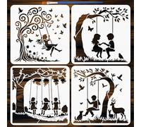 FINGERINSPIRE 4 Pz Stencil per Pittura a Forma di Albero Oscillante con Pennello, 30x30cm Albero Fiore Erba Umano Animale Stencils Umano che Dondola Sotto L'Albero Decorazione Stencil per Pittura