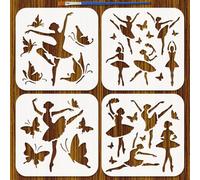 FINGERINSPIRE 4 Pz Stencil per Pittura di Balletto con Pennello, 15x15cm Modello di Stencil di Ballerina Silhouette Stencils di Farfalle in Plastica PET Riutilizzabili per Dipingere su Mobili in Legno