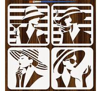 FINGERINSPIRE 4 Pz Stencil per Pittura di Donna Moderna con Pennello, 20x20cm in Plastica PET Elegante Donna con Cappello Stencil di Disegno Stencils Decorativi a Tema Personaggio per Decorazione