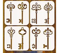 FINGERINSPIRE 4 Pz Stencil Vintage per Dipingere con Pennello, 15x15cm Riutilizzabile Stencil in Plastica con Motivi di Chiavi Retrò Fai da Te Stencils di Pittura Tagliato Al Laser per Pareti, Carte