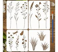 FINGERINSPIRE 4 Pz Stencils di Fiori Selvatici con Pennello, 2 Dimensioni Stencil per Pittura con Farfalle e Libellule di Erba Selvatica Riutilizzabile Motivo Floreale per Dipingere su Legno, Tessuti