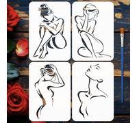 FINGERINSPIRE 4 Pz Stencils Donna in Linea con Pennello, 29.7x21cm 4 Stili Stencil Riutilizzabile con Figura Femminile con Linee a Tema Femminile per Dipingere su Legno, Pareti, Tessuti, Mobili, Tele