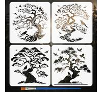 FINGERINSPIRE 4 Pz Stencils per Alberi e Uccelli con Pennello, 30x30cm Set di Stencil Albero della Vita Riutilizzabili in Stile Cinese per Disegnare Alberi, Decorazioni Murali, Decorazioni in Legno