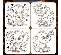 FINGERINSPIRE 4 Pz Stencils per Pittura a Forma di Elefante con Grandi Occhi e Pennello, 20x20cm Stencil Elefante con Amore Stencil con Silhouette di Animali Stencils a Tema Animali per Dipingere