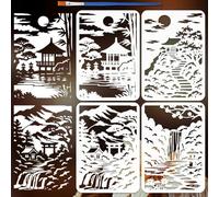 FINGERINSPIRE 4 Pz Stencils per Pittura di Paesaggi Orientali con Pennello, 21x29.7cm Stencil Decorativo per Disegno di Casa, Albero, Sole e Nuvole, Stencil a Tema Orientale per Decorazione di Pareti