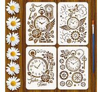 FINGERINSPIRE 4 Pz Vintage Stencil per Orologi con Ingranaggi e Pennello, 29.7x21cm 4 Stili Stencil per Pittura con Orologi Creativi, Rose, Fiori, Parole, Chiavi, Modello in PET per Pavimenti in Legno