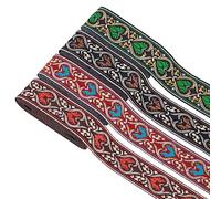 FINGERINSPIRE 4 rotoli da 14 m di nastro jacquard da 33 mm verde cocco marrone nero mattone refrattario vintage jacquard stile etnico cuore tessuto per fai da te artigianato cucito accessori