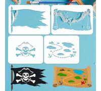 FINGERINSPIRE 4 Set Stencils a Strati con Motivo Pirati e Pennello 2 Misure Stencil a Strati con Bandiera Pirata Mappa del Percorso del Tesoro Teschio e Tibie Incrociate Modelli per Dipingere su Legno