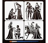 FINGERINSPIRE 4 stencil con pennello da 15 x 15 cm, motivo: cavalieri medievali e principesse, stencil retrò per dipingere pareti in legno, mobili, fai da te, decorazione per la casa