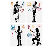 FINGERINSPIRE 4 Stencil Riutilizzabili Con Uomo di Banksy Con Doodel in Cappello, 21 x 29,7 cm, per Dipingere Grandi Graffiti di Strada a Tema Banksy