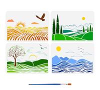 FINGERINSPIRE 4pezzi 4 stili Campi Paesaggio Pittura Moo con Pennello 29.7x21cm Sole Nuvole Pittura Moo Montagne Alberi Pittura Stencil Riutilizzabile Fai Da Te Arte Artigianato Stencil per Pavimento