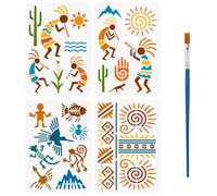 FINGERINSPIRE 4Pz Stencil con Motivi Cocopelli con pennelli in Plastica 21x29.7cm Stencil con Motivi Americani Stencils con Linee di Nazca Temi Tribali Modello Decorativo per Dipingere su Pareti