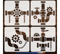 FINGERINSPIRE 4Pz Stencil per Pittura di Tubi e Ingranaggi Industriali con Pennello 30x30cm Stencil Riutilizzabile con Ingranaggi Steampunk Modello di Disegno per Dipingere su Pareti In Legno