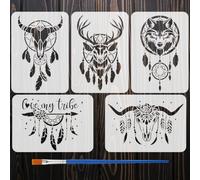 FINGERINSPIRE 5Pz Stencil per Pitturacon Animali e Acchiappasogni con Pennello 21x29.7cm Modello di Disegno in Stile Nativo Americano Modello di Stencil con Piume di Cervo Tema Fantasy per Fai da Te