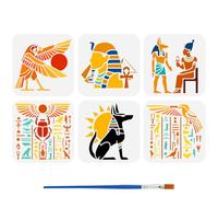 FINGERINSPIRE 6 Pz Stencil con Motivi Egiziani con Pennello, 15x15cm Stencil Riutilizzabile Raffigurante L'Antico Dio Anubi Stencils di Uccelli Divini Egiziani per Decorazioni Murali Fai da Te