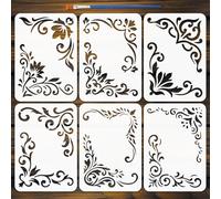 FINGERINSPIRE 6 Pz Stencil per Bordi e Angoli con Pennello, 14.8x10.5cm Stencil per Bordi Floreali Modelli per Cornici Angolari per Dipingere su Mobili da Parete in Legno, Decorazioni Fai da Te