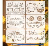 FINGERINSPIRE 6 Pz Stencil per Pittura con Motivo di Benvenuto con Pennello 21x29.7cm Elegante Modello di Disegno Floreale e di Benvenuto Parole Stencil con Fiori e Farfalle Modello A Tema Parole