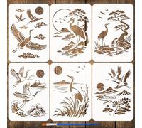 FINGERINSPIRE 6 Pz Stencils a Forma di Gru con Pennello, 21x29.7cm Stencil per Dipingere Paesaggi con Gru Formato A4 Stile Orientale Tema Uccelli Stencil Riutilizzabili in PET per Pareti, Tessuti