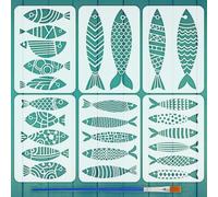 FINGERINSPIRE 6 Pz Stencils Geometrico a Forma di Pesce con Pennello, 29.7x21cm Stencil Creativi per Dipingere Pesci in PET, Temi Oceanici Modello per Dipingere su Legno, Pavimento, Piastrelle, Parete