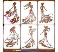 FINGERINSPIRE 6 Pz Stencils per Dipingere Raffigurante Una Donna con Gonna Lunga e Pennello, 21x29.7cm Stencil Riutilizzabili Silhouette di Un Abito da Donna per Dipingere su Legno, Pareti, Tessuti