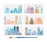 FINGERINSPIRE 6 stencil per pittura per edifici, con pennello in plastica, 15 x 30 cm, modello da disegno per costruzione a torre a vento, stencil architettura, template per dipingere su legno