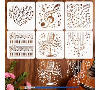FINGERINSPIRE 6 Stili Stencil di Note Musicali con Pennello, 15x15cm Stencil con Motivo a Pentagramma Stencils per Pittura con Tasti di Pianoforte in PET Stencils per Microfono per Pavimento in Legno