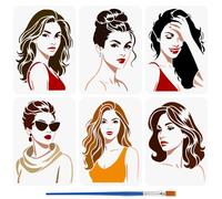 FINGERINSPIRE 6Pz Stencil di Donna Al la Moda per Dipingere con Pennello 21x29.7cm Modello di Capelli Bellissimo Riutilizzabile Stencil di Donna con Occhiali Tema del Personaggio per Dipingere
