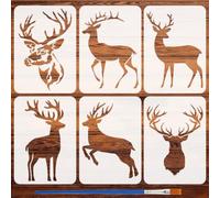 FINGERINSPIRE 6Pz Stencil per Pittura a Forma di Testa di Cervo con Pennello, 21x29.7cm Modello di Disegno a Forma di Sagoma di Cervo Tema Animale Stencils Decorativo Fai da Te per Pittura su Legno