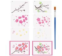 FINGERINSPIRE 6Pz Stencil per Pittura a Strati di Rami di Ciliegio in Fiore con Pennello A4 29.7x21cm Riutilizzabili Stencil in Plastica di Rami di Ciliegio in Fiore per Dipingere su Pareti in Tessuto