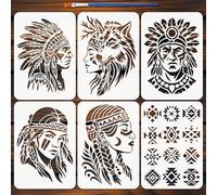 FINGERINSPIRE 6Pz Stencil per Pittura con Figure e Motivi Tribali Aztechi con Pennello, 29.7x21cm Stencil Azteco Stencils Tribali Indiani per Pittura per Lavori Artigianali su Finestre Pareti in Legno