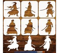 FINGERINSPIRE 6Styles Stencil Silhouette Samurai con Pennello 15x15cm Stencil per Pittura Umana Stencils in PET con Motivo Samurai Temi Orientali Modello per Arredamento di Pareti in Legno Tessuto