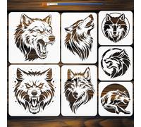 FINGERINSPIRE 7 Pz Stencil per Pittura a Forma di Testa di Lupo con Pennello, 3 Misure Riutilizzabile Stencil di Disegno Realistico in Plastica Modello di Lupo in PET Modello Decorativo a Tema Animale