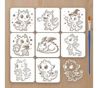 FINGERINSPIRE 8 Pz Stencil a Forma di Drago con Pennello, 20x20cm Modello di Disegno Decorativo con Draghi dei Cartoni Animati Riutilizzabile per Dipingere su Pareti, Mobili, Legno, Tessuto