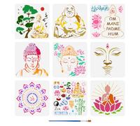 FINGERINSPIRE 9 Pz Stencil con Motivo Religioso con Pennello 30x30cm Stencil per Pittura Buddha Stencils con Motivo Yoga Stencils Mandala in PET Modello Fiore di Loto per Piastrelle per Pavimenti