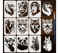 FINGERINSPIRE 9 Pz Stencil di Animali con Pennello 21x29.7cm Riutilizzabile Modello di Testa di Animale Leone Lupo Tigre Cavallo Cane per Disegno Fai da Te, Mobili, Pareti, Pavimenti, Tessuti