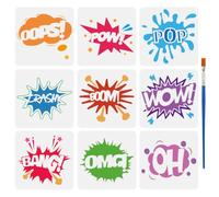FINGERINSPIRE 9 Pz Stencil per Dipingere Testi a Fumetti con Pennello, 15x15cm OOPS WOW POP CRASH BOOM BANG OMG OH Stencil da Disegno Stella Fulmine con Parole Stencils Fai da Te per Dipingere