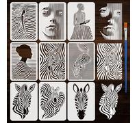 FINGERINSPIRE 9 Pz Stencil per Pittura Artistica A Strisce con Pennello 21x29.7cm Motivo con Personaggi Umani Texture Astratte Stencil di Disegno Decorazione Stencils con Zebre per Pittura su Legno