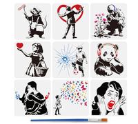 FINGERINSPIRE 9 Pz Stencil per Pittura Banksy con Pennello 30x30cm Stencil Raffigurante Un Ratto Un Graffiti Un Panda con Pensieri Profondi Una Coppia Che Abbraccia e Una Donna Che Urla per Pittura