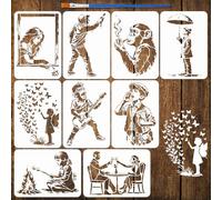 FINGERINSPIRE 9 Pz Stencils per Pittura con Motivi Banksy con Pennello 29.7x21cm 9 Stili Stencil Riusabili per Silhouette Umana e di Orangotango Stencil Graffiti in Stile Banksy per Dipingere su Legno